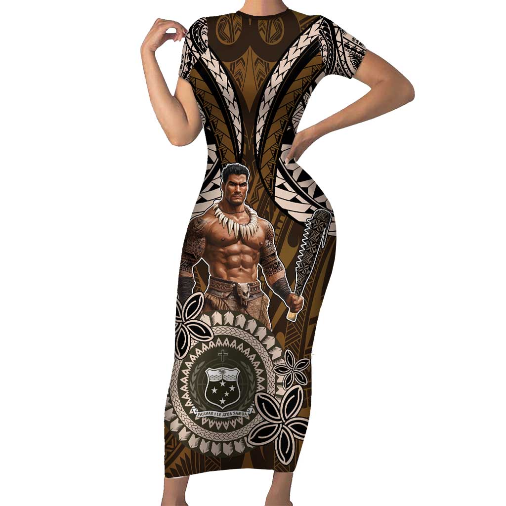 Samoa Warrior Family Matching Short Sleeve Bodycon Dress and Hawaiian Shirt The Mighty Samoan Warrior Spirit LT9 Mom's Dress Black - Polynesian Pride