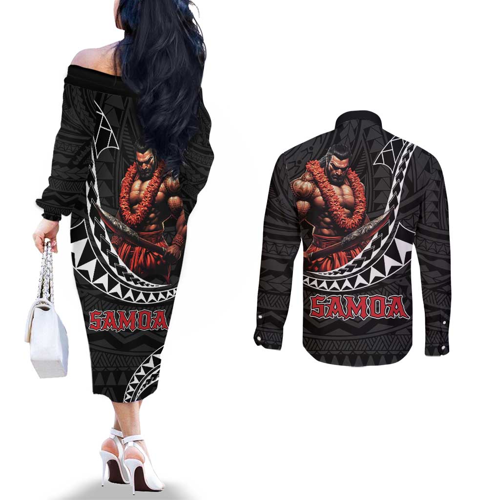 Samoan Pride Polynesian Tribal Warrior Couples Matching Off The Shoulder Long Sleeve Dress and Long Sleeve Button Shirt 685 Samoa Mo Samoa