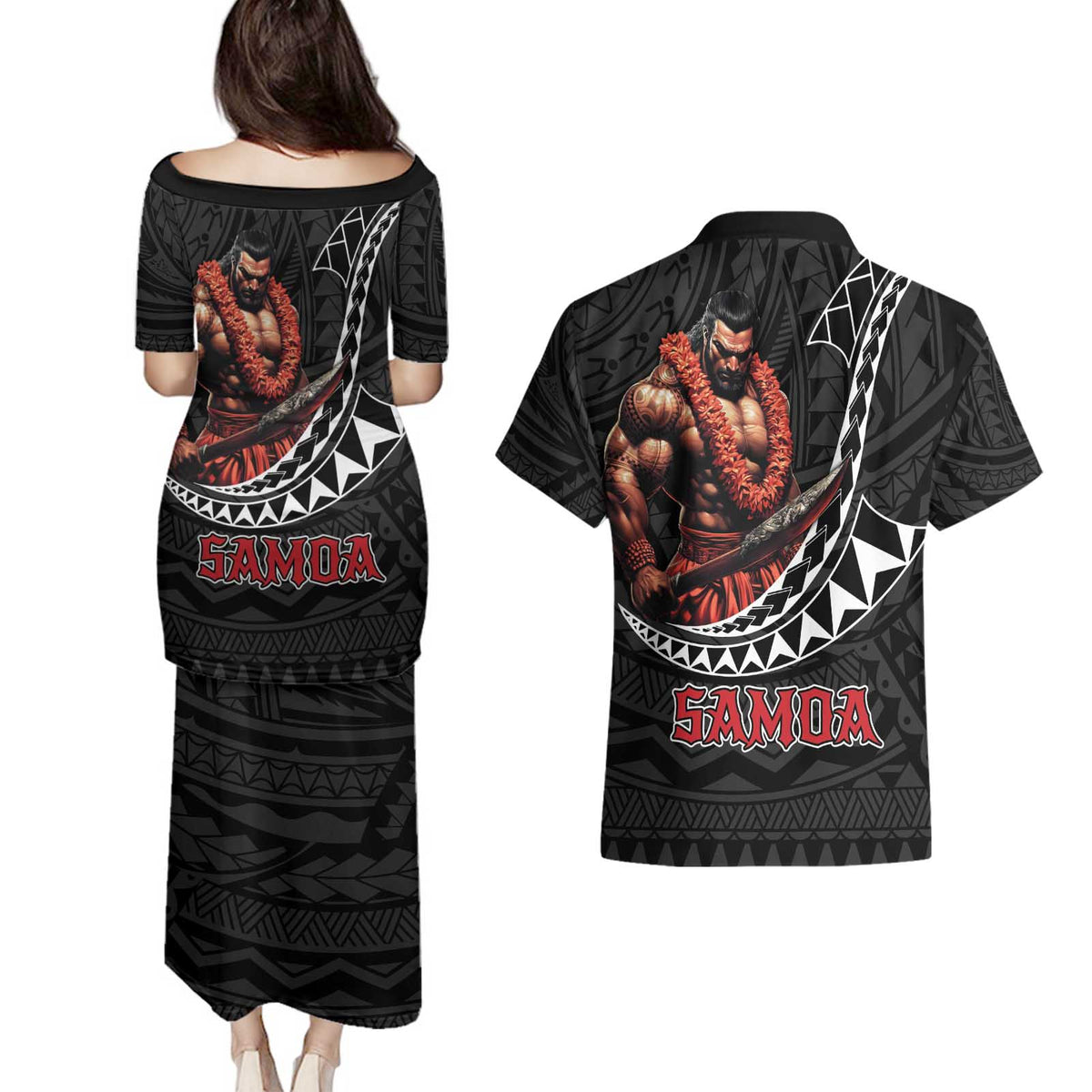 Samoan Pride Polynesian Tribal Warrior Couples Matching Puletasi and Hawaiian Shirt 685 Samoa Mo Samoa