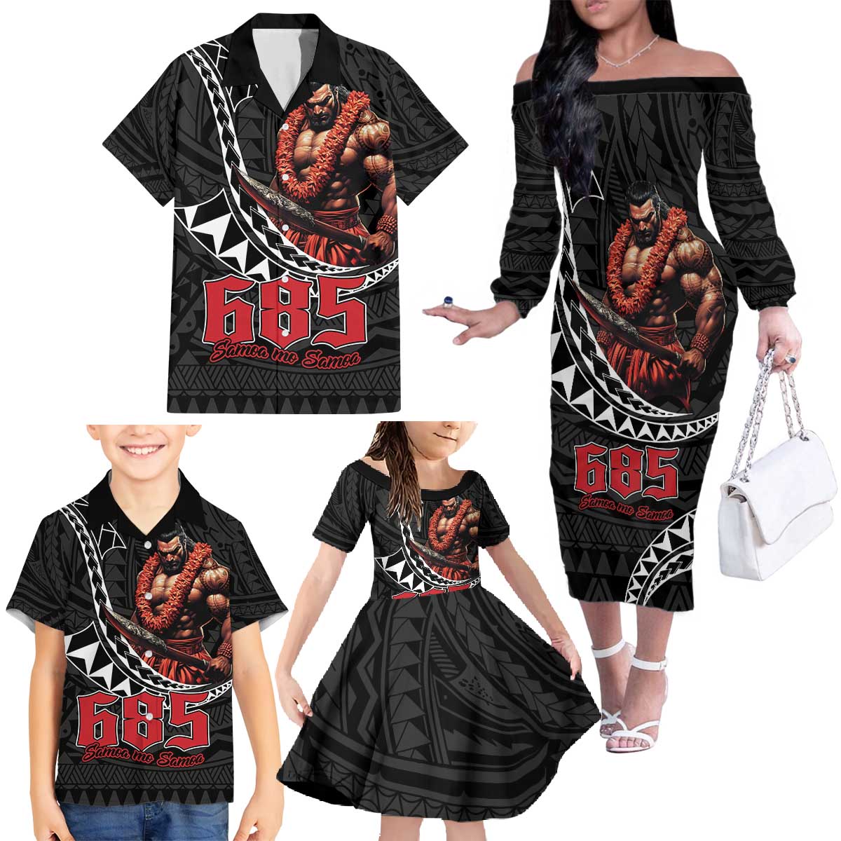 Samoan Pride Polynesian Tribal Warrior Family Matching Off The Shoulder Long Sleeve Dress and Hawaiian Shirt 685 Samoa Mo Samoa LT9 - Polynesian Pride