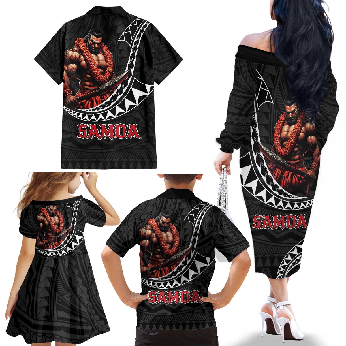 Samoan Pride Polynesian Tribal Warrior Family Matching Off The Shoulder Long Sleeve Dress and Hawaiian Shirt 685 Samoa Mo Samoa LT9 - Polynesian Pride