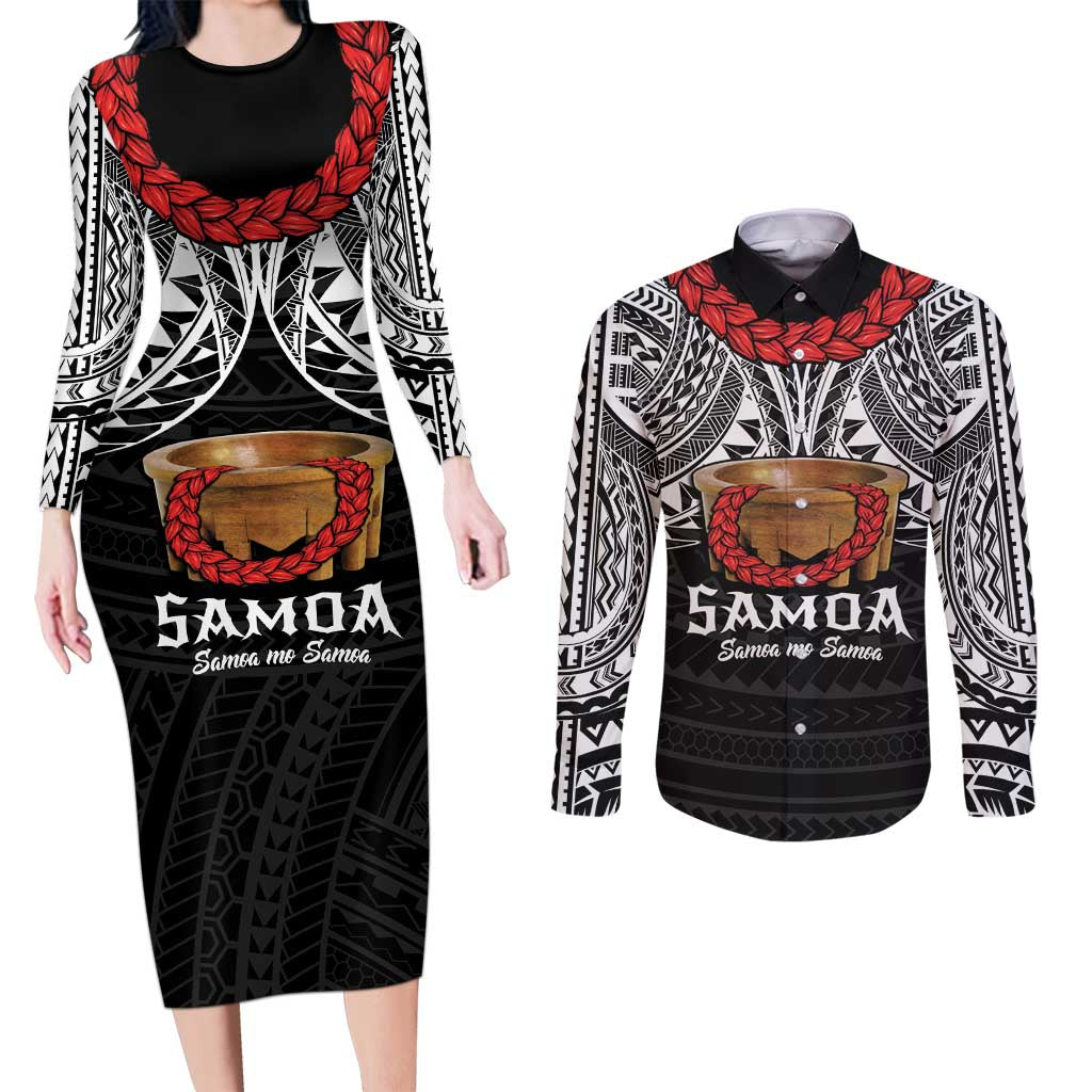 Samoan Tanoa Kava Bowl Ula Fala Couples Matching Long Sleeve Bodycon Dress and Long Sleeve Button Shirt Polynesian Tribal Vibe LT9 Brown - Polynesian Pride
