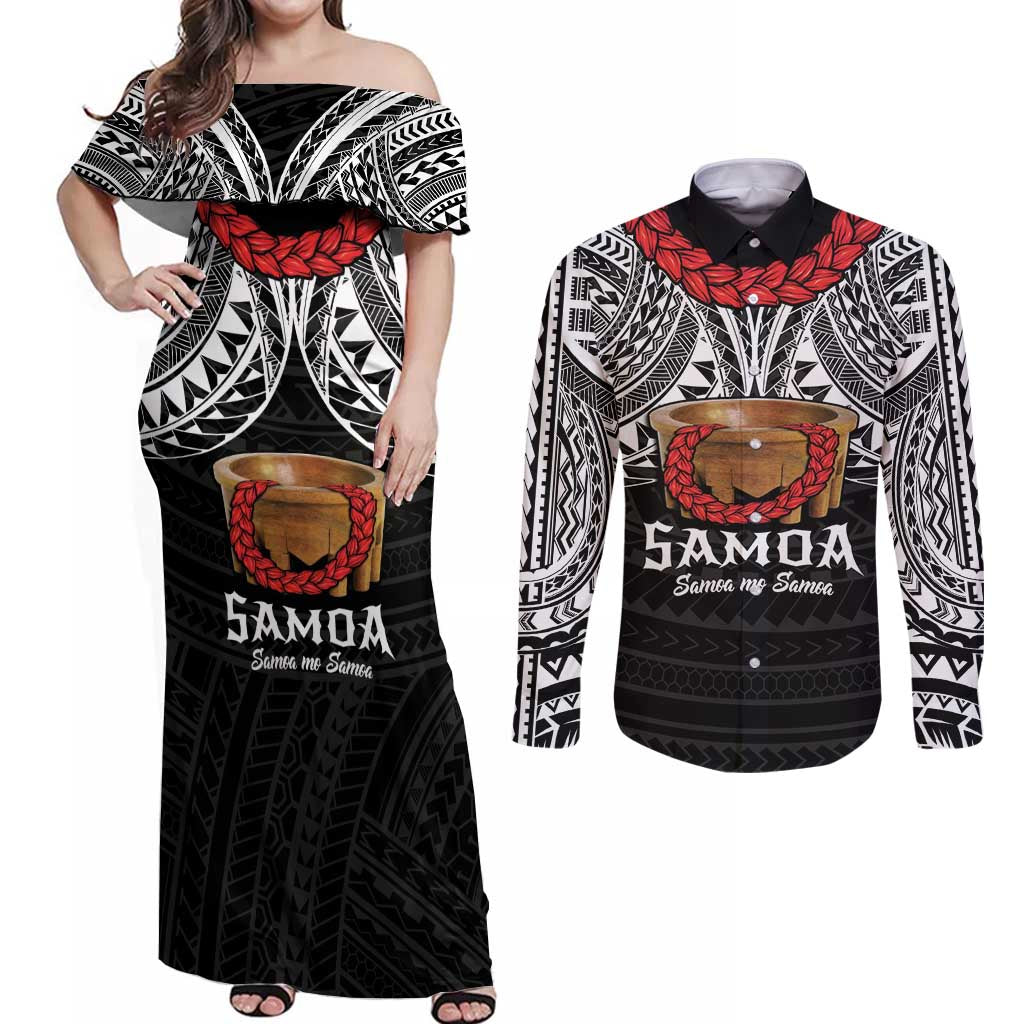Samoan Tanoa Kava Bowl Ula Fala Couples Matching Off Shoulder Maxi Dress and Long Sleeve Button Shirt Polynesian Tribal Vibe LT9 Brown - Polynesian Pride