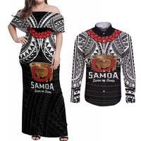 Samoan Tanoa Kava Bowl Ula Fala Couples Matching Off Shoulder Maxi Dress and Long Sleeve Button Shirt Polynesian Tribal Vibe LT9 Brown - Polynesian Pride