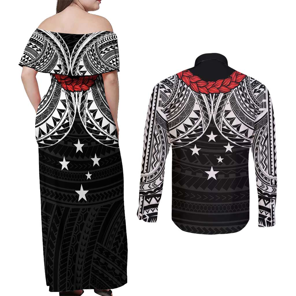Samoan Tanoa Kava Bowl Ula Fala Couples Matching Off Shoulder Maxi Dress and Long Sleeve Button Shirt Polynesian Tribal Vibe LT9 - Polynesian Pride