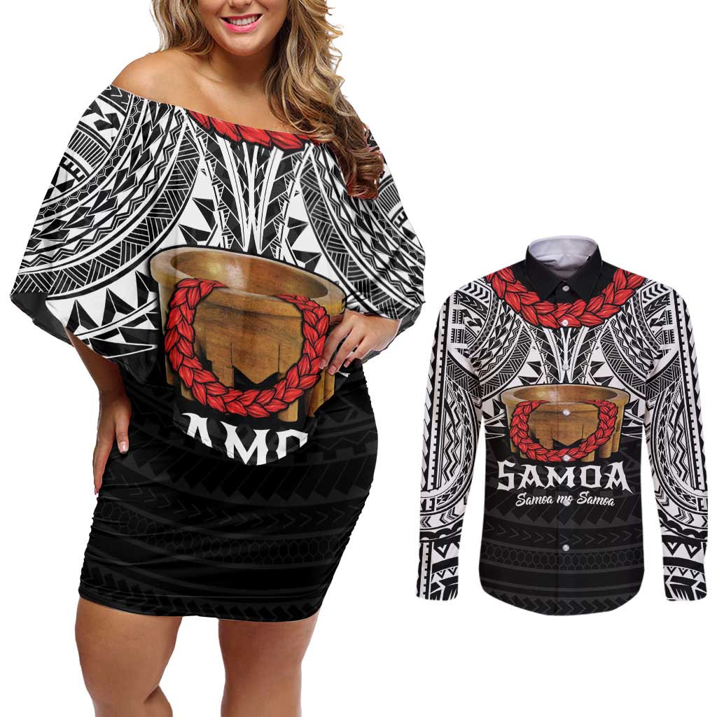 Samoan Tanoa Kava Bowl Ula Fala Couples Matching Off Shoulder Short Dress and Long Sleeve Button Shirt Polynesian Tribal Vibe LT9 Brown - Polynesian Pride