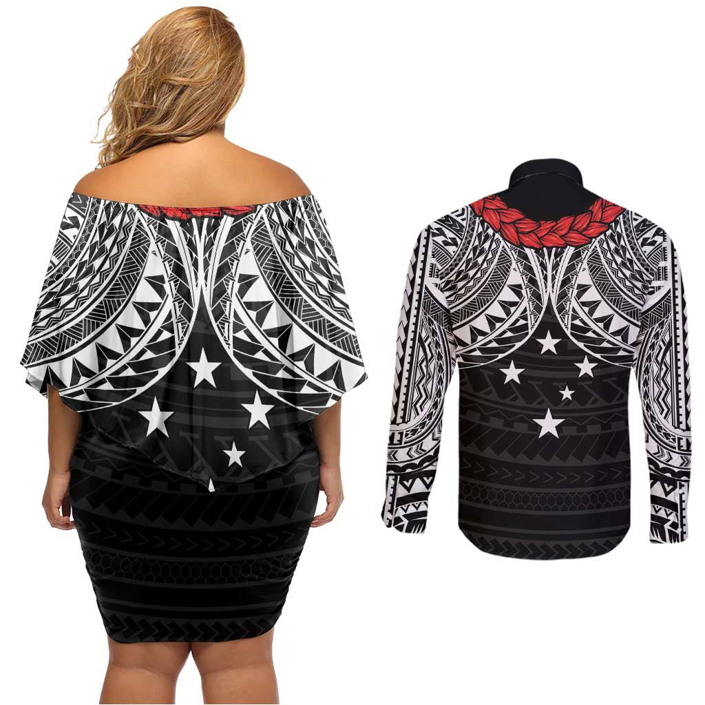 Samoan Tanoa Kava Bowl Ula Fala Couples Matching Off Shoulder Short Dress and Long Sleeve Button Shirt Polynesian Tribal Vibe LT9 - Polynesian Pride