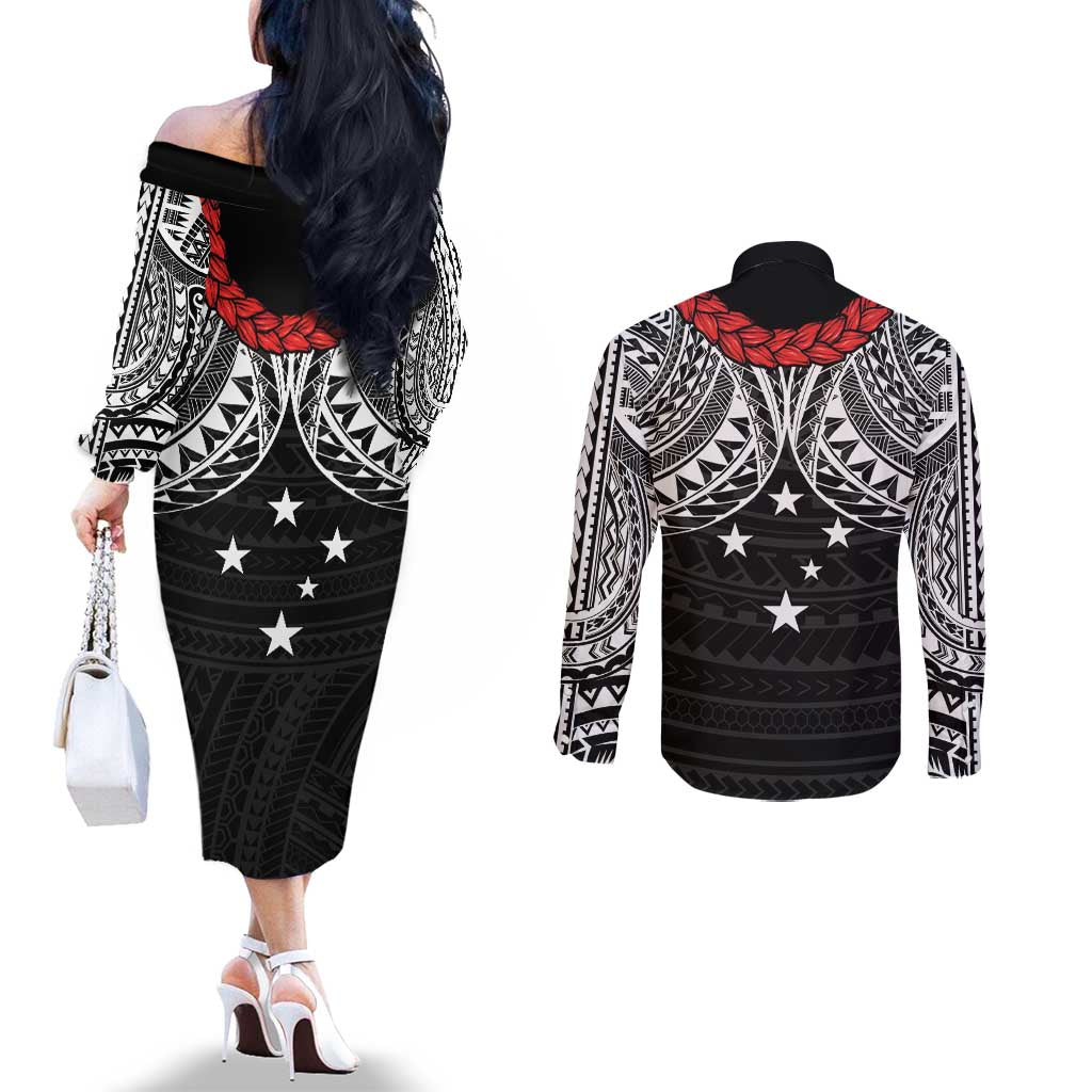 Samoan Tanoa Kava Bowl Ula Fala Couples Matching Off The Shoulder Long Sleeve Dress and Long Sleeve Button Shirt Polynesian Tribal Vibe LT9 - Polynesian Pride