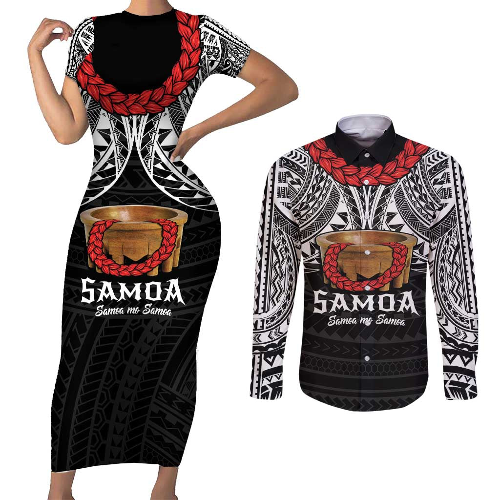 Samoan Tanoa Kava Bowl Ula Fala Couples Matching Short Sleeve Bodycon Dress and Long Sleeve Button Shirt Polynesian Tribal Vibe LT9 Brown - Polynesian Pride