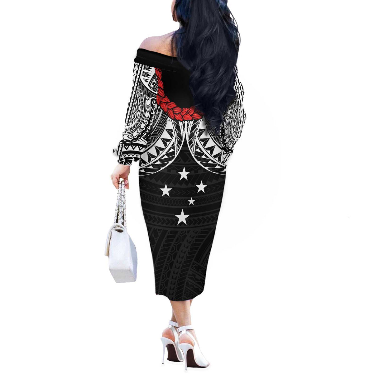 Samoan Tanoa Kava Bowl Ula Fala Off The Shoulder Long Sleeve Dress Polynesian Tribal Vibe LT9 - Polynesian Pride