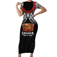 Samoan Tanoa Kava Bowl Ula Fala Short Sleeve Bodycon Dress Polynesian Tribal Vibe LT9 Long Dress Brown - Polynesian Pride