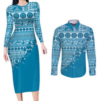 Fiji Marau na Kerisimasi Couples Matching Long Sleeve Bodycon Dress and Long Sleeve Button Shirt Aqua Tagimoucia Tapa Masi Tribal LT9 Aqua - Polynesian Pride