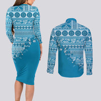 Fiji Marau na Kerisimasi Couples Matching Long Sleeve Bodycon Dress and Long Sleeve Button Shirt Aqua Tagimoucia Tapa Masi Tribal LT9 - Polynesian Pride