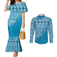 Fiji Marau na Kerisimasi Couples Matching Mermaid Dress and Long Sleeve Button Shirt Aqua Tagimoucia Tapa Masi Tribal LT9 Aqua - Polynesian Pride
