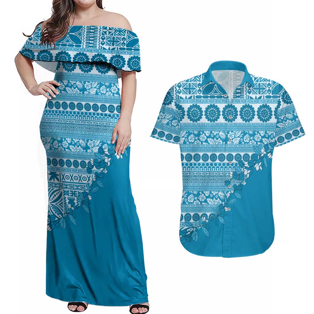 Fiji Marau na Kerisimasi Couples Matching Off Shoulder Maxi Dress and Hawaiian Shirt Aqua Tagimoucia Tapa Masi Tribal - Polynesian Pride