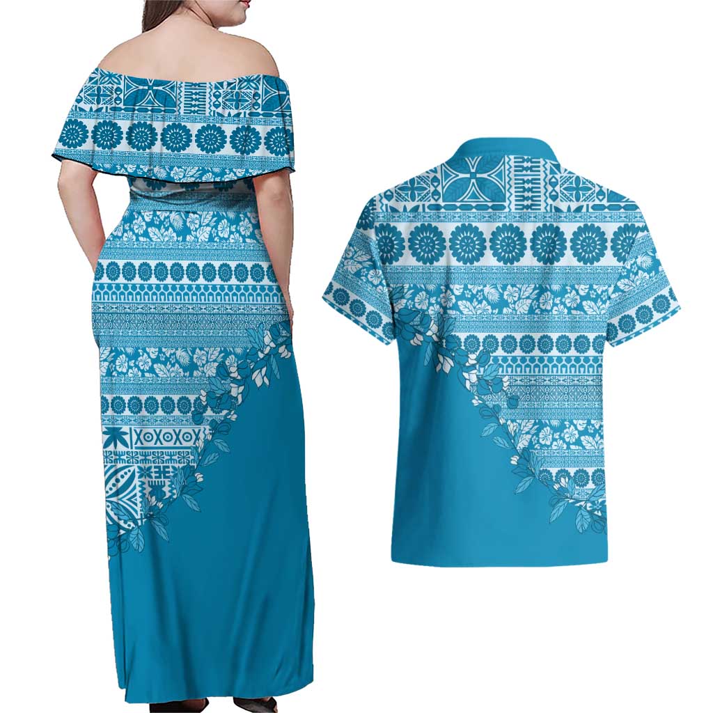 Fiji Marau na Kerisimasi Couples Matching Off Shoulder Maxi Dress and Hawaiian Shirt Aqua Tagimoucia Tapa Masi Tribal LT9 - Polynesian Pride