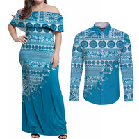 Fiji Marau na Kerisimasi Couples Matching Off Shoulder Maxi Dress and Long Sleeve Button Shirt Aqua Tagimoucia Tapa Masi Tribal LT9 Aqua - Polynesian Pride