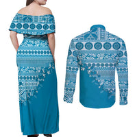 Fiji Marau na Kerisimasi Couples Matching Off Shoulder Maxi Dress and Long Sleeve Button Shirt Aqua Tagimoucia Tapa Masi Tribal LT9 - Polynesian Pride