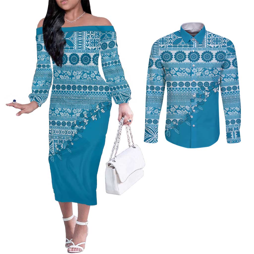 Fiji Marau na Kerisimasi Couples Matching Off The Shoulder Long Sleeve Dress and Long Sleeve Button Shirt Aqua Tagimoucia Tapa Masi Tribal LT9 Aqua - Polynesian Pride