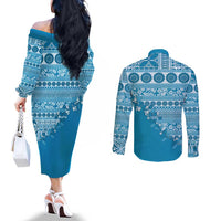 Fiji Marau na Kerisimasi Couples Matching Off The Shoulder Long Sleeve Dress and Long Sleeve Button Shirt Aqua Tagimoucia Tapa Masi Tribal LT9 - Polynesian Pride