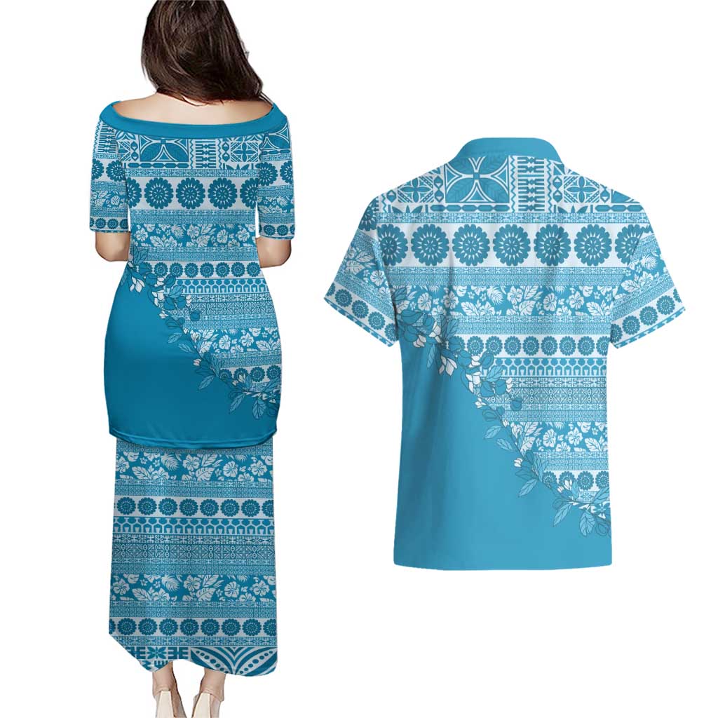 Fiji Marau na Kerisimasi Couples Matching Puletasi and Hawaiian Shirt Aqua Tagimoucia Tapa Masi Tribal LT9 - Polynesian Pride