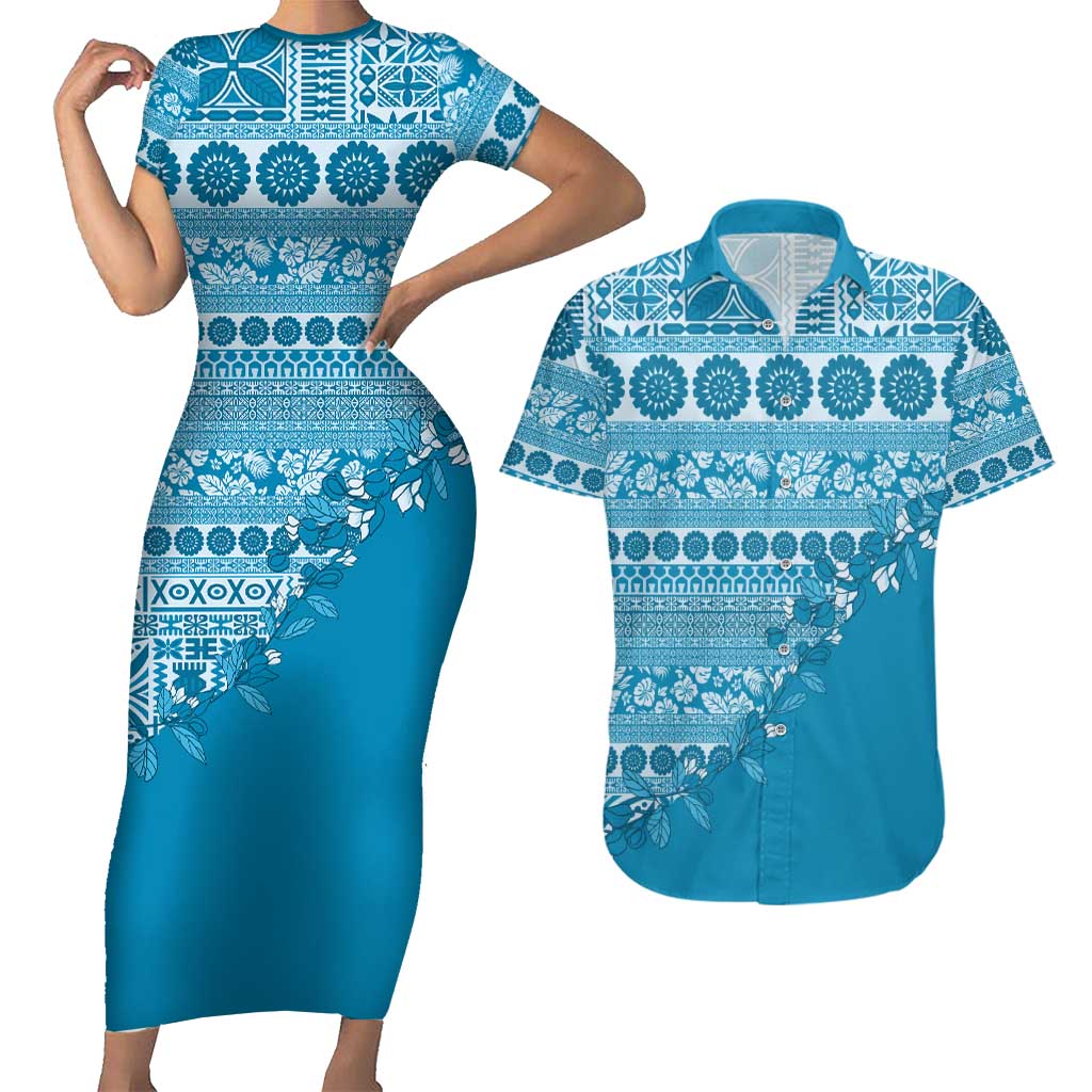 Fiji Marau na Kerisimasi Couples Matching Short Sleeve Bodycon Dress and Hawaiian Shirt Aqua Tagimoucia Tapa Masi Tribal LT9 Aqua - Polynesian Pride