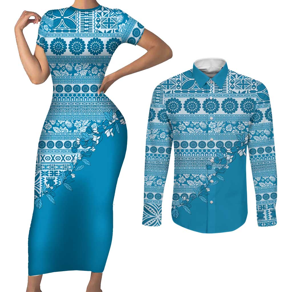 Fiji Marau na Kerisimasi Couples Matching Short Sleeve Bodycon Dress and Long Sleeve Button Shirt Aqua Tagimoucia Tapa Masi Tribal LT9 Aqua - Polynesian Pride