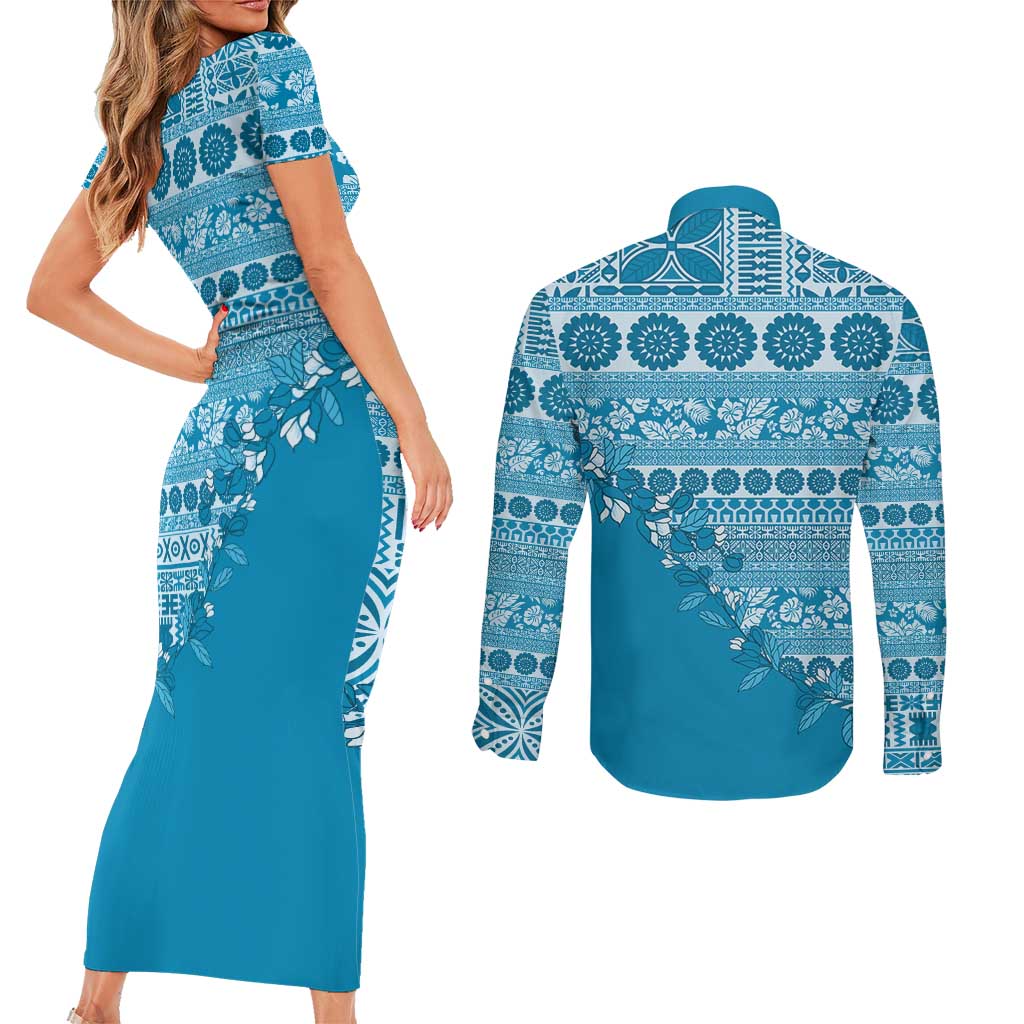 Fiji Marau na Kerisimasi Couples Matching Short Sleeve Bodycon Dress and Long Sleeve Button Shirt Aqua Tagimoucia Tapa Masi Tribal LT9 - Polynesian Pride