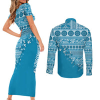 Fiji Marau na Kerisimasi Couples Matching Short Sleeve Bodycon Dress and Long Sleeve Button Shirt Aqua Tagimoucia Tapa Masi Tribal LT9 - Polynesian Pride