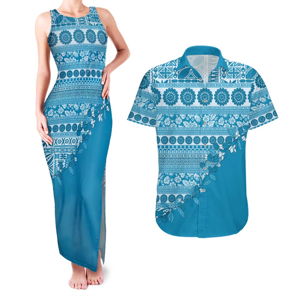 Fiji Marau na Kerisimasi Couples Matching Tank Maxi Dress and Hawaiian Shirt Aqua Tagimoucia Tapa Masi Tribal - Polynesian Pride