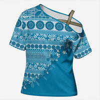 Fiji Marau na Kerisimasi Cross Shoulder Shirt Aqua Tagimoucia Tapa Masi Tribal LT9 Female Aqua - Polynesian Pride