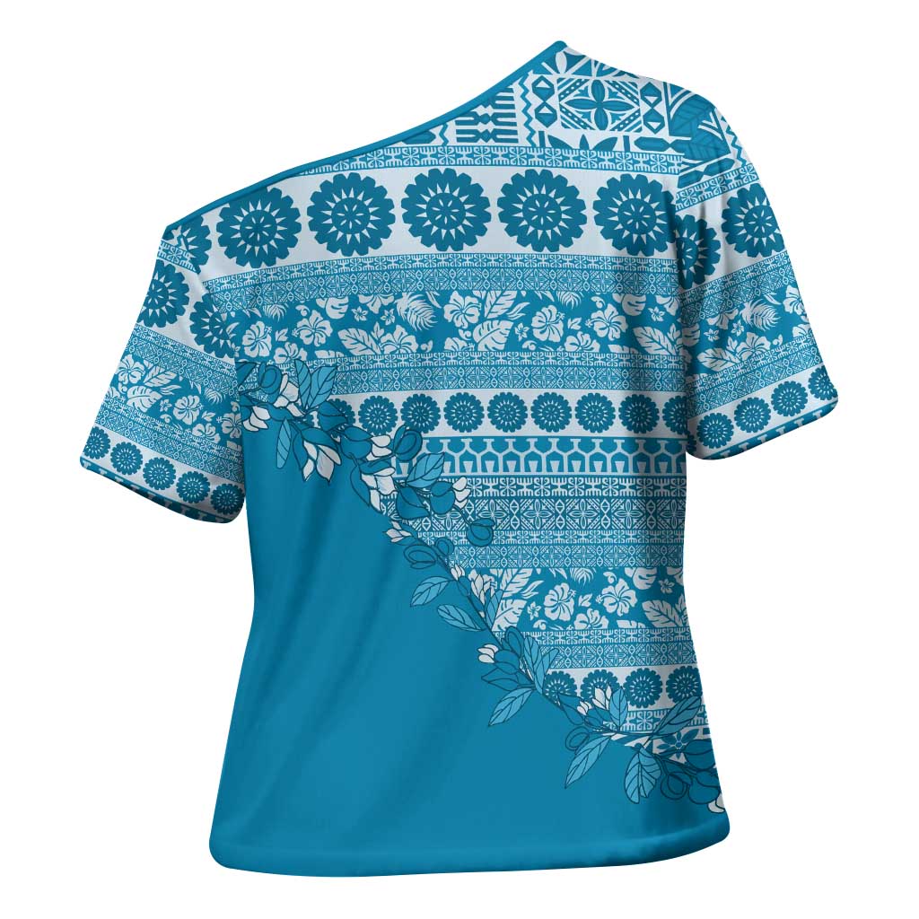 Fiji Marau na Kerisimasi Cross Shoulder Shirt Aqua Tagimoucia Tapa Masi Tribal LT9 - Polynesian Pride