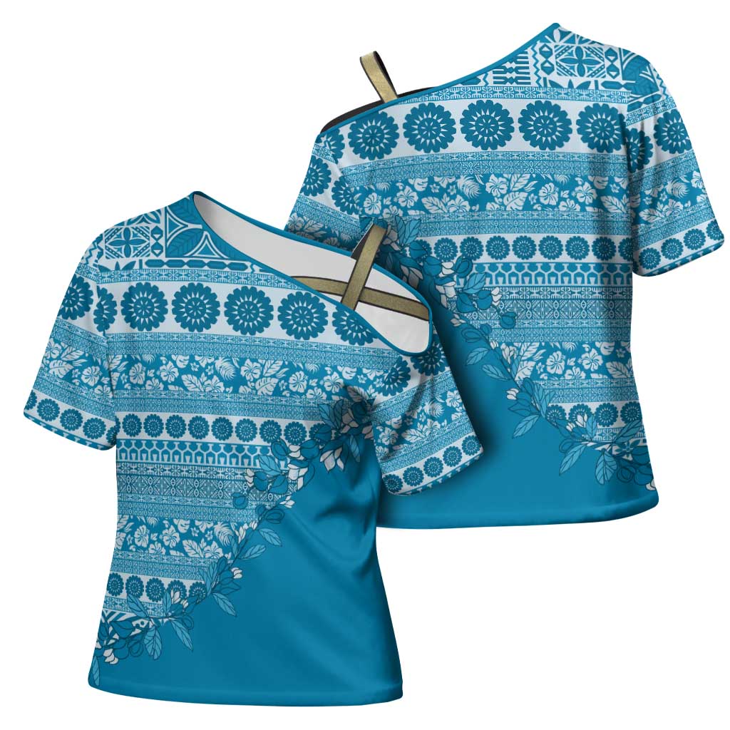 Fiji Marau na Kerisimasi Cross Shoulder Shirt Aqua Tagimoucia Tapa Masi Tribal LT9 - Polynesian Pride