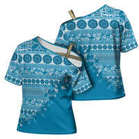 Fiji Marau na Kerisimasi Cross Shoulder Shirt Aqua Tagimoucia Tapa Masi Tribal LT9 - Polynesian Pride