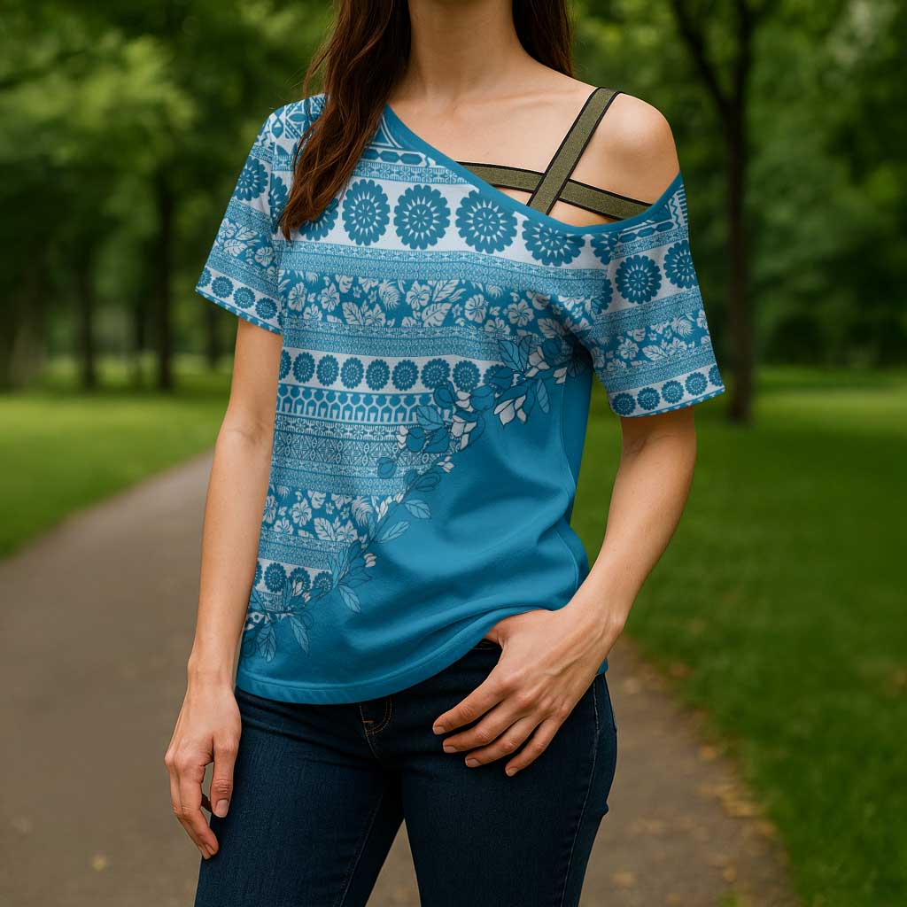 Fiji Marau na Kerisimasi Cross Shoulder Shirt Aqua Tagimoucia Tapa Masi Tribal LT9 - Polynesian Pride