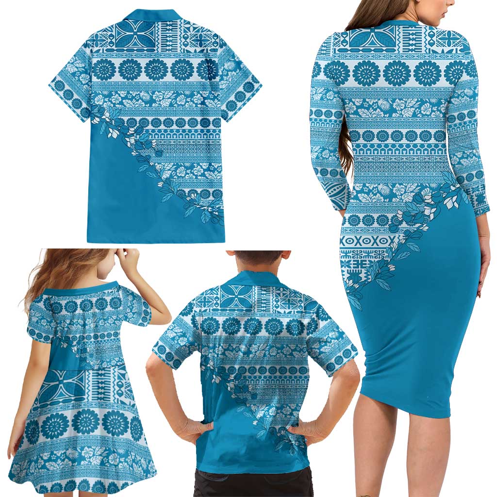 Fiji Marau na Kerisimasi Family Matching Long Sleeve Bodycon Dress and Hawaiian Shirt Aqua Tagimoucia Tapa Masi Tribal LT9 - Polynesian Pride