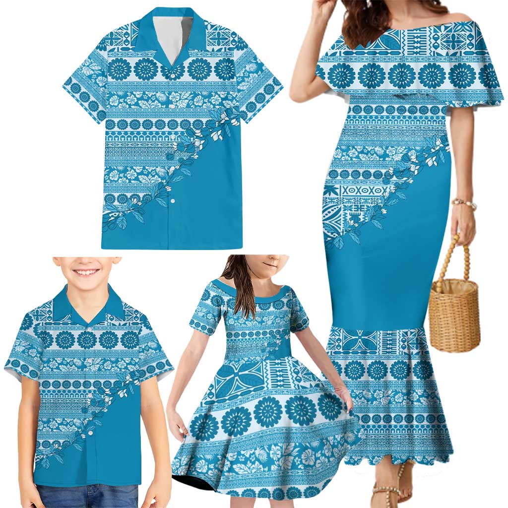 Fiji Marau na Kerisimasi Family Matching Mermaid Dress and Hawaiian Shirt Aqua Tagimoucia Tapa Masi Tribal LT9 - Polynesian Pride