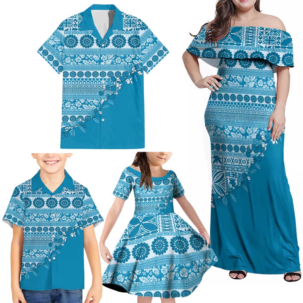 Fiji Marau na Kerisimasi Family Matching Off Shoulder Maxi Dress and Hawaiian Shirt Aqua Tagimoucia Tapa Masi Tribal LT9 - Polynesian Pride