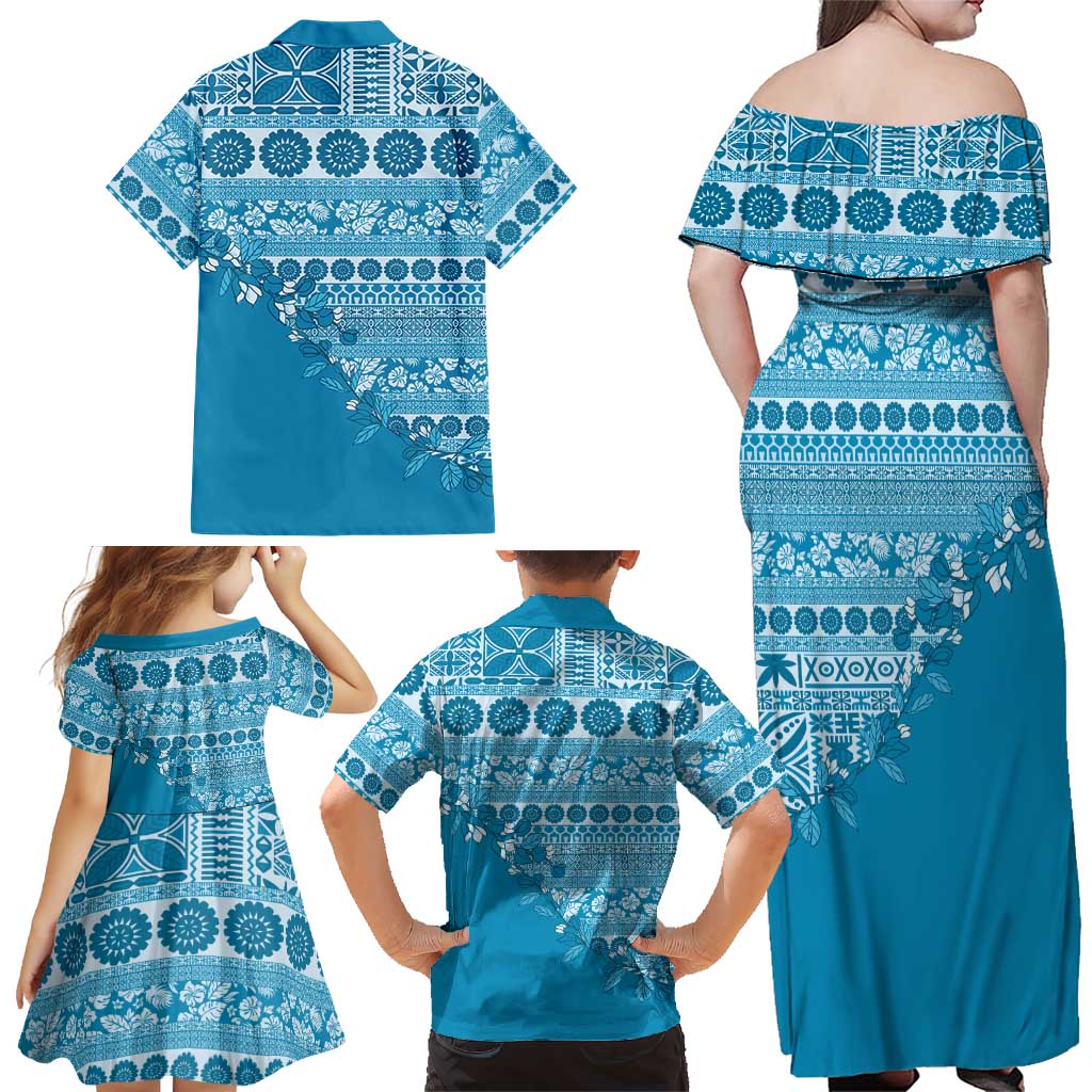 Fiji Marau na Kerisimasi Family Matching Off Shoulder Maxi Dress and Hawaiian Shirt Aqua Tagimoucia Tapa Masi Tribal LT9 - Polynesian Pride
