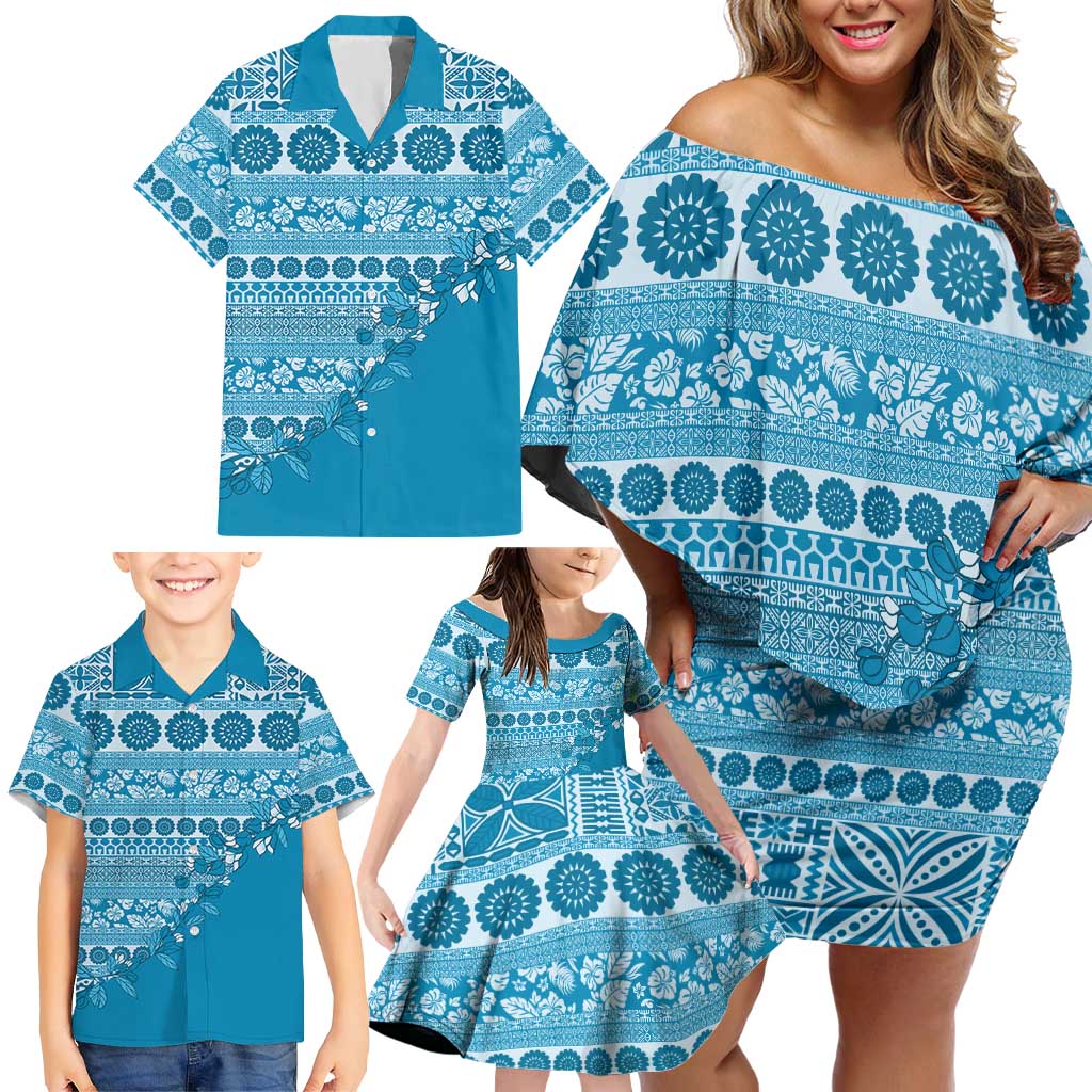 Fiji Marau na Kerisimasi Family Matching Off Shoulder Short Dress and Hawaiian Shirt Aqua Tagimoucia Tapa Masi Tribal LT9 - Polynesian Pride