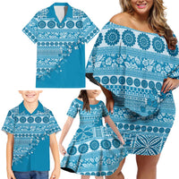 Fiji Marau na Kerisimasi Family Matching Off Shoulder Short Dress and Hawaiian Shirt Aqua Tagimoucia Tapa Masi Tribal LT9 - Polynesian Pride