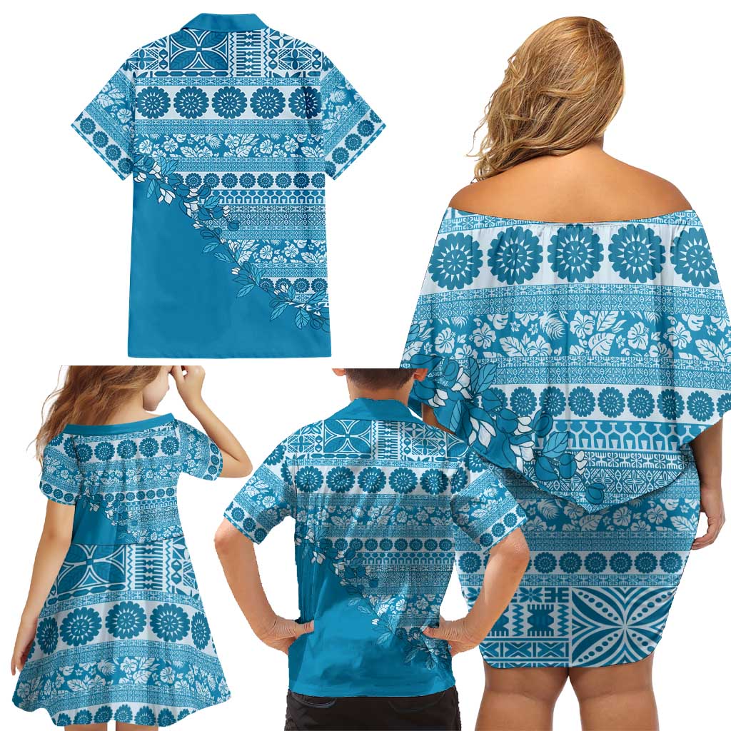 Fiji Marau na Kerisimasi Family Matching Off Shoulder Short Dress and Hawaiian Shirt Aqua Tagimoucia Tapa Masi Tribal LT9 - Polynesian Pride