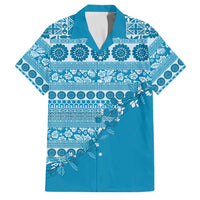 Fiji Marau na Kerisimasi Family Matching Off Shoulder Short Dress and Hawaiian Shirt Aqua Tagimoucia Tapa Masi Tribal LT9 Dad's Shirt - Short Sleeve Aqua - Polynesian Pride