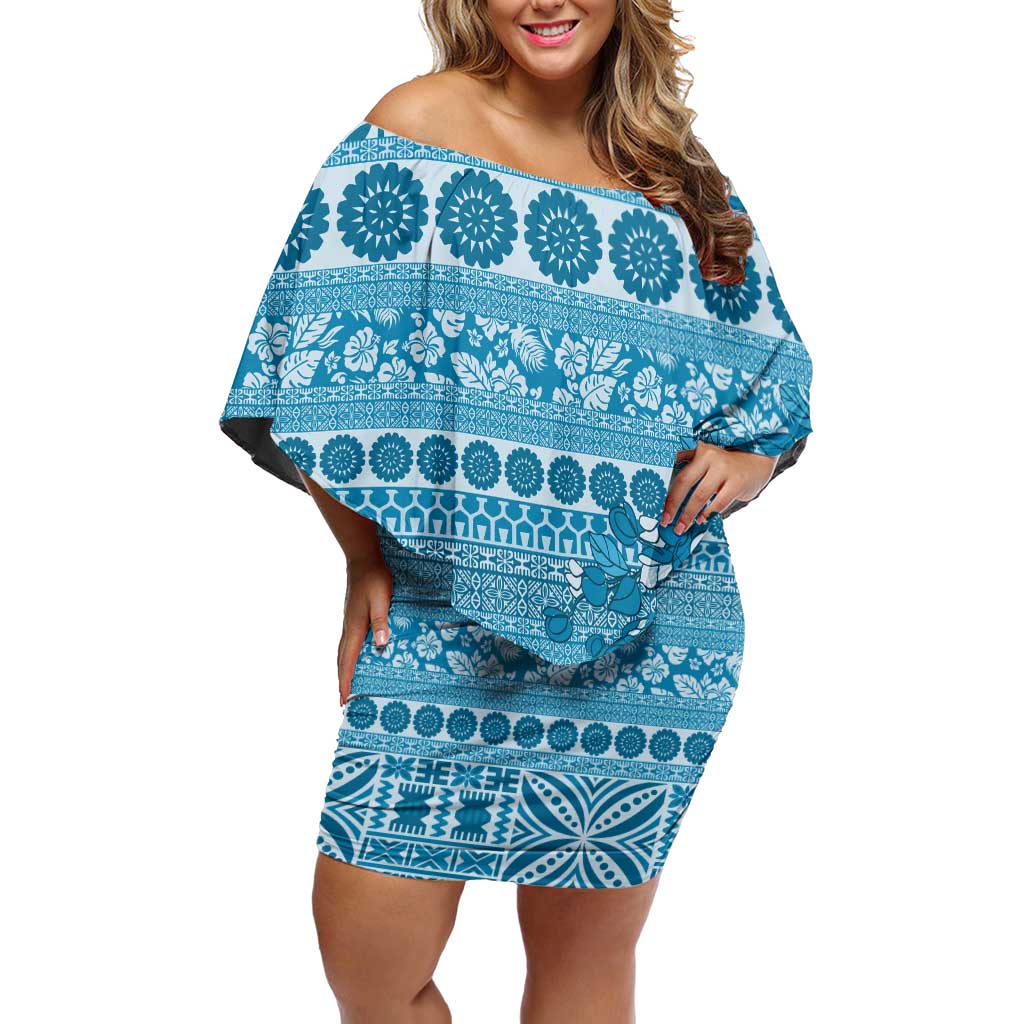 Fiji Marau na Kerisimasi Family Matching Off Shoulder Short Dress and Hawaiian Shirt Aqua Tagimoucia Tapa Masi Tribal LT9 Mom's Dress Aqua - Polynesian Pride