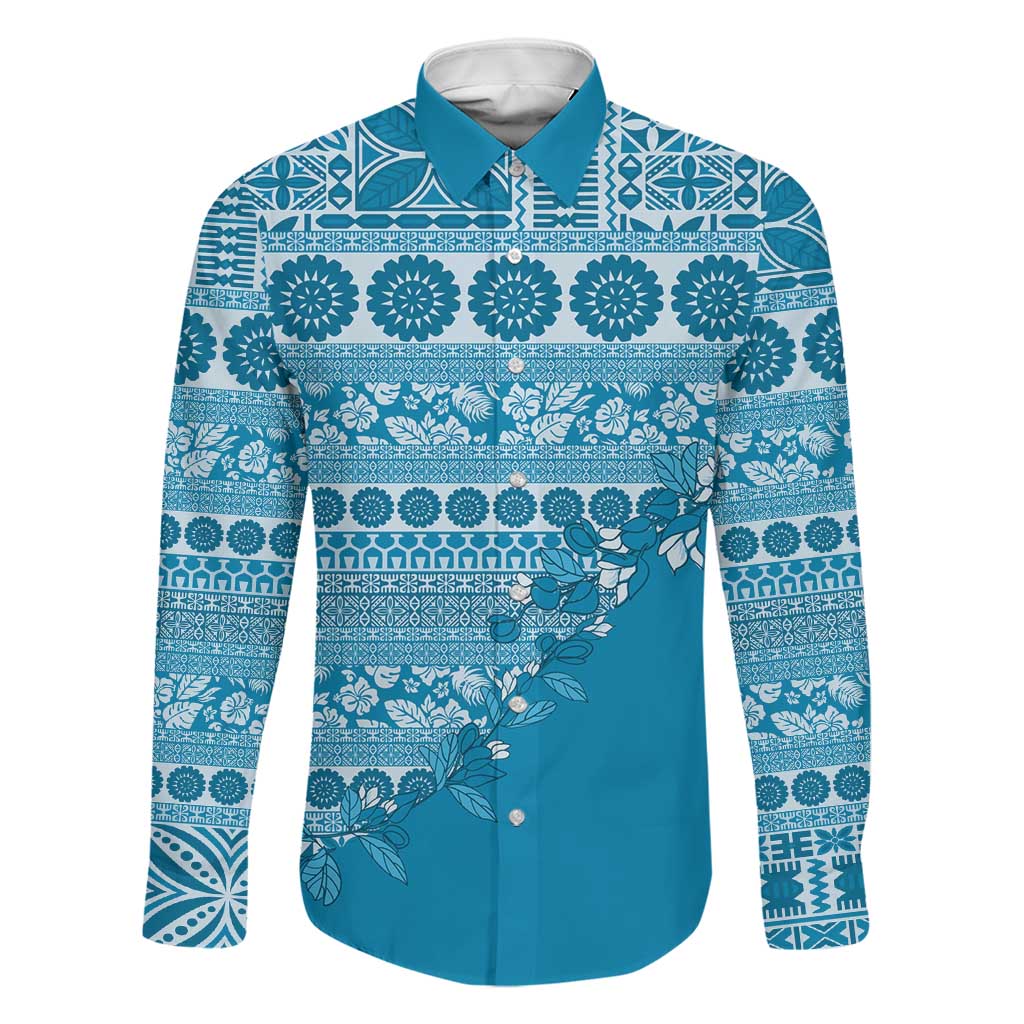 Fiji Marau na Kerisimasi Family Matching Puletasi and Hawaiian Shirt Aqua Tagimoucia Tapa Masi Tribal LT9 Dad's Shirt - Long Sleeve Aqua - Polynesian Pride