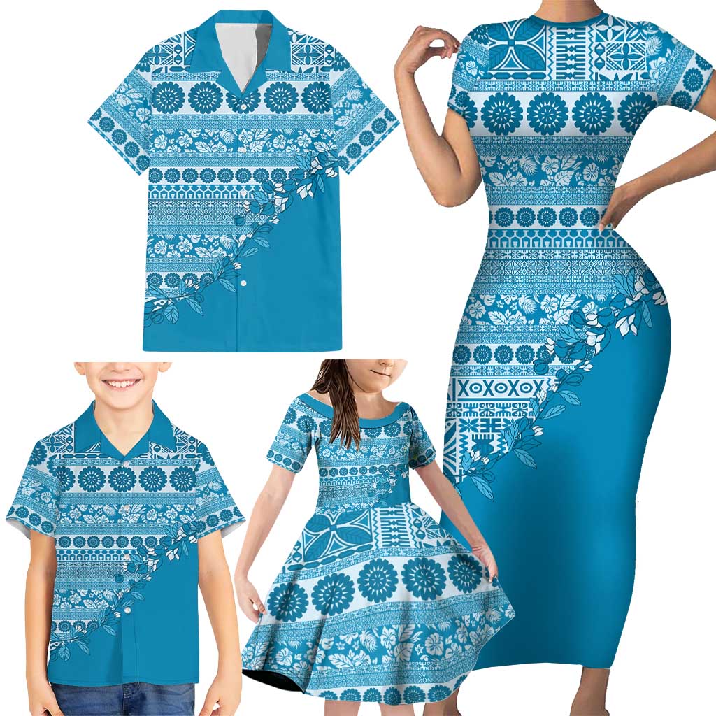 Fiji Marau na Kerisimasi Family Matching Short Sleeve Bodycon Dress and Hawaiian Shirt Aqua Tagimoucia Tapa Masi Tribal LT9 - Polynesian Pride