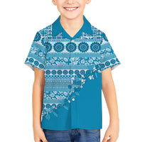 Fiji Marau na Kerisimasi Family Matching Short Sleeve Bodycon Dress and Hawaiian Shirt Aqua Tagimoucia Tapa Masi Tribal LT9 Son's Shirt Aqua - Polynesian Pride