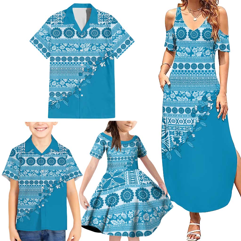 Fiji Marau na Kerisimasi Family Matching Summer Maxi Dress and Hawaiian Shirt Aqua Tagimoucia Tapa Masi Tribal LT9 - Polynesian Pride