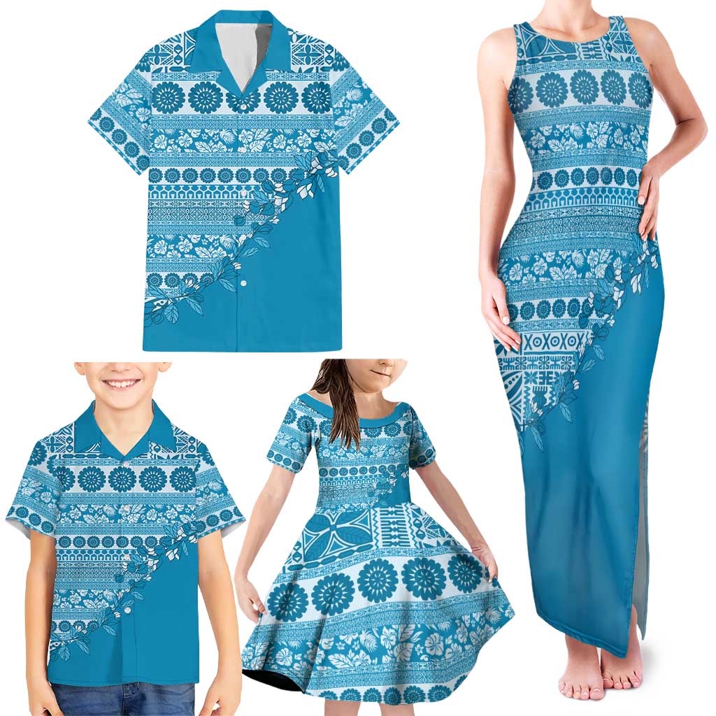 Fiji Marau na Kerisimasi Family Matching Tank Maxi Dress and Hawaiian Shirt Aqua Tagimoucia Tapa Masi Tribal LT9 - Polynesian Pride