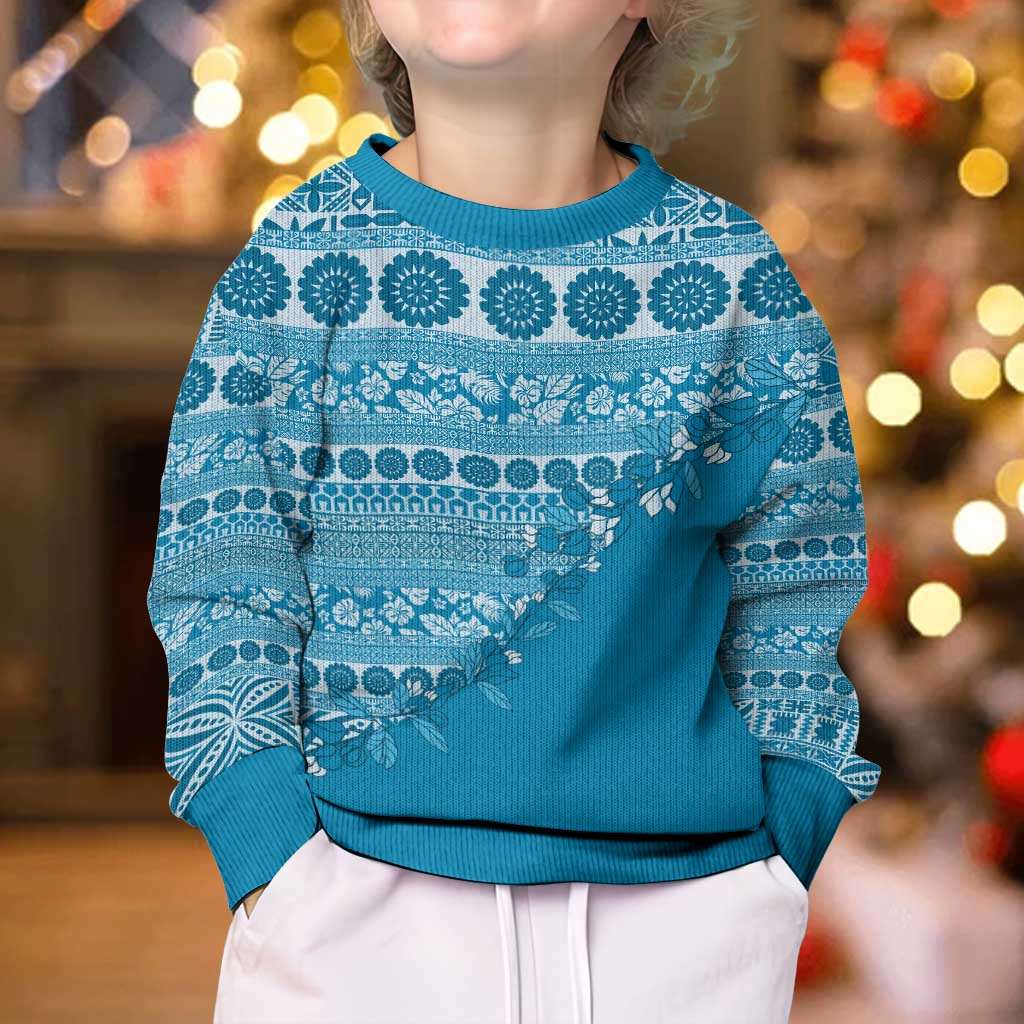 Fiji Marau na Kerisimasi Kid Ugly Christmas Sweater Aqua Tagimoucia Tapa Masi Tribal LT9 - Polynesian Pride